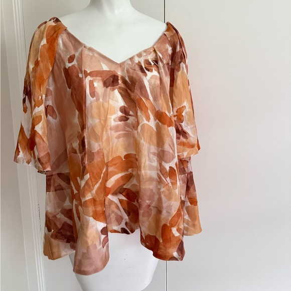 Ginger Smart Womens Silk Cotton Blouse Sz 14 Orange Flutter Sleeve Abstract Top - Picture 3 of 9